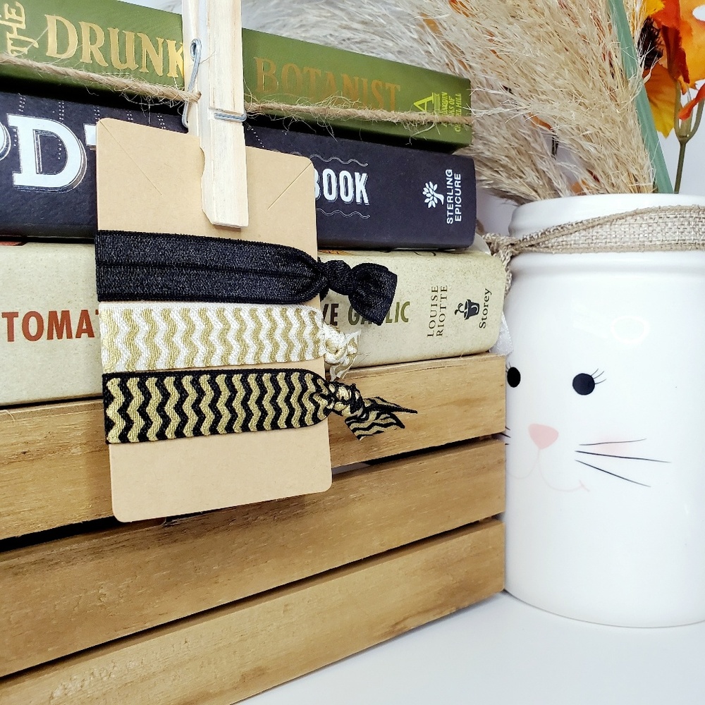 Chevron Hair Elastics (Set of 3) Black White Gold